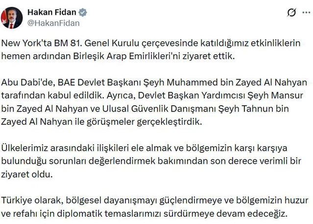 BAE Devlet Başkanı, Dışişleri Bakanı Fidan'ı Abu Dabi'de kabul etti