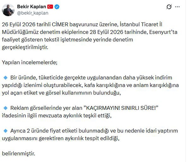 Ticaret Bakanlığı Esenyurt'taki tekstil işletmesine idari yaptırım uyguladı