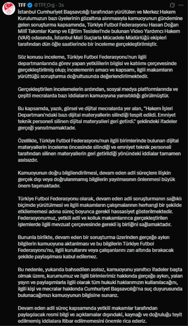 Başsavcılık: TFF tesislerindeki VAR odasında herhangi bir inceleme yapılmadı