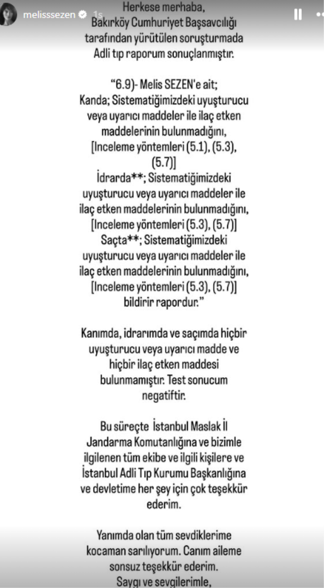 Melis Sezen Adli Tıp raporunu paylaştı: Test sonucum negatiftir