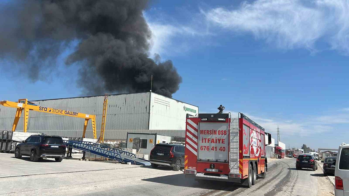 Mersin Akdeniz\'de temizlik malzemesi fabrikasındaki yangına itfaiye müdahale ediyor