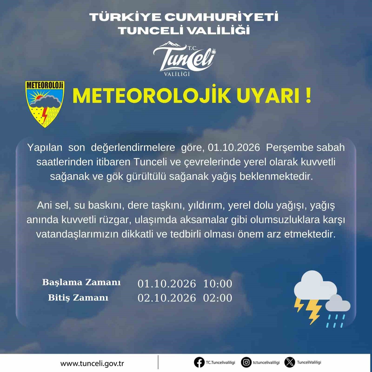 Meteoroloji, Tunceli için 1 Ekim sabahından itibaren kuvvetli sağanak uyarısı yaptı