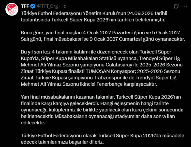 Süper Kupa tarihleri açıklandı! Dev bir derbi oynanacak
