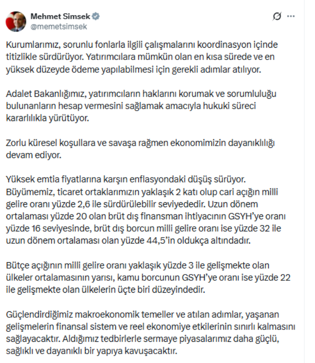 Mehmet Şimşek'ten fon mağdurlarına kritik mesaj: En kısa sürede, en yüksek ödeme yapılacak