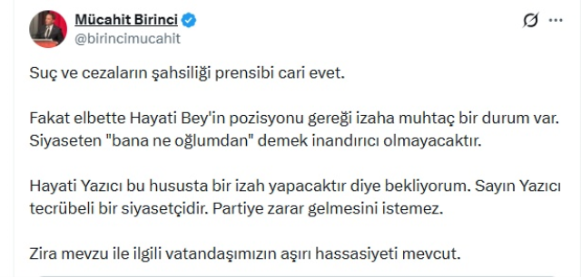 Mücahit Birinci’den Hayati Yazıcı’ya