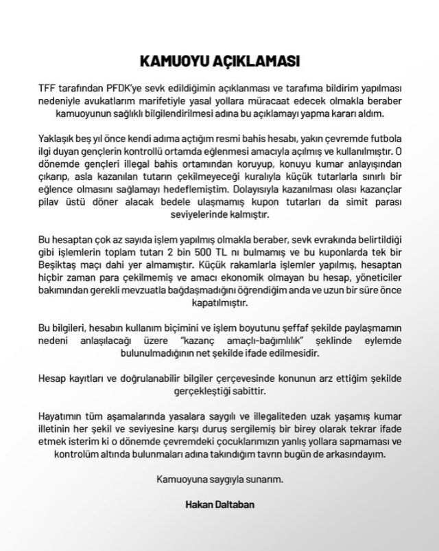 PFDK'ya sevk edilen Hakan Daltaban'dan açıklama: Yapılan kupon tutarları simit parası seviyelerinde