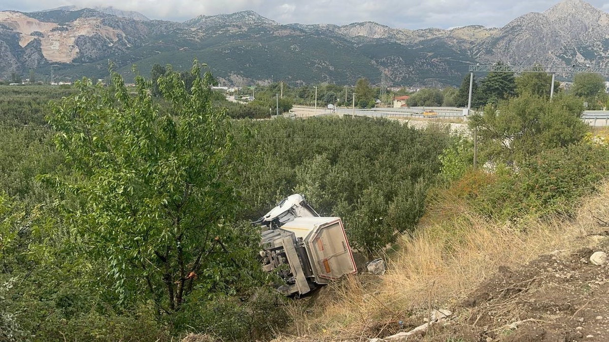 Kum yüklü tır Isparta Eğirdir Kemerköprü\'de elma bahçesine devrildi, sürücü öldü