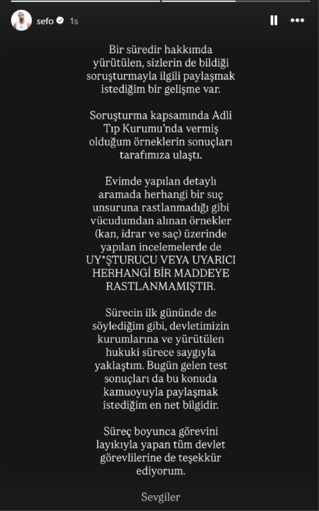 Sefo test sonuçlarını açıkladı: Kan, idrar ve saç örnekleri negatif