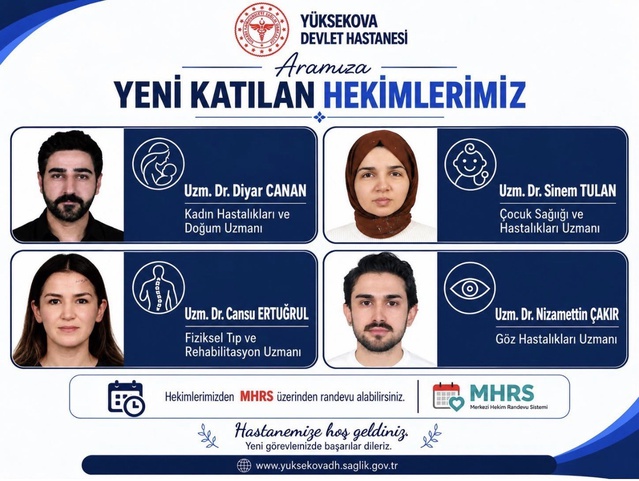 Hakkari Yüksekova'da 4 yeni uzman hekim göreve başladı, uzman kadrosu 61'e yükseldi
