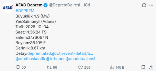 Adana'da 17 dakika arayla 4.8 ve 4,9'luk iki deprem meydana geldi