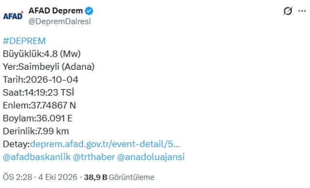 Adana'da 17 dakika arayla 4.8 ve 4,9'luk iki deprem meydana geldi