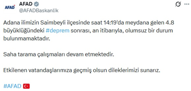 Adana'da 17 dakika arayla 4.8 ve 4,9'luk iki deprem meydana geldi