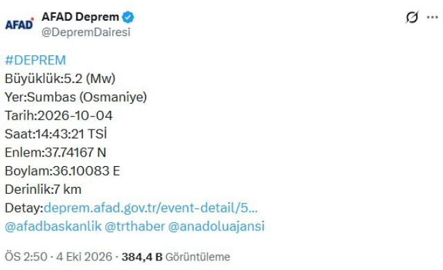 Adana'nın Saimbeyli ilçesinde üçüncü deprem