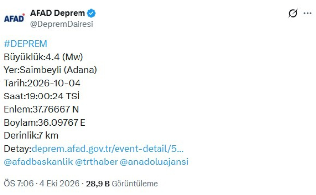Adana'nın Saimbeyli ilçesinde üçüncü deprem