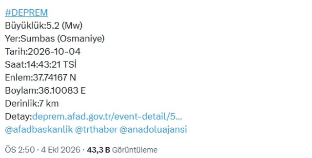 Osmaniye'de 5.2 büyüklüğünde deprem meydana geldi