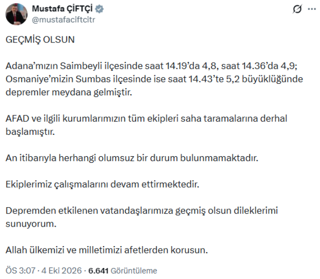 Osmaniye'de 5.2 büyüklüğünde deprem meydana geldi
