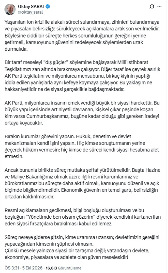 Cumhurbaşkanı Başdanışmanı Saral'dan Bakan Şimşek'e fon krizi uyarısı