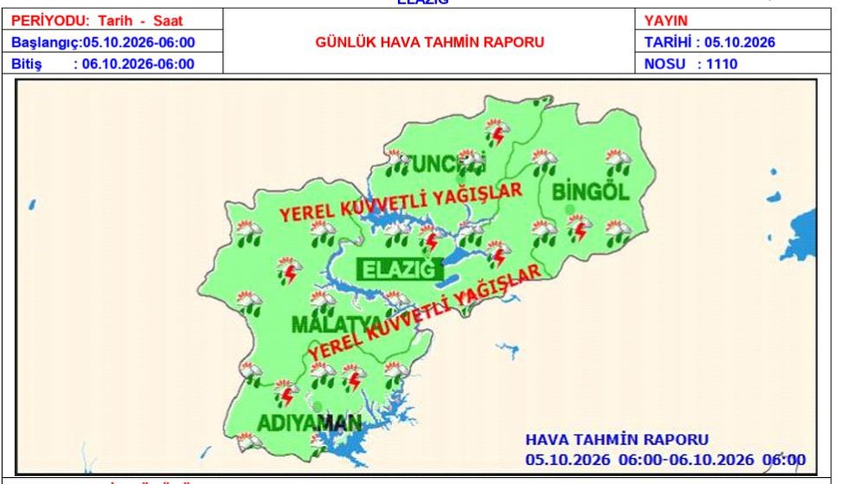 Meteoroloji 13. Bölge Müdürlüğü, Elazığ\'da yer yer kuvvetli yağışa karşı uyardı