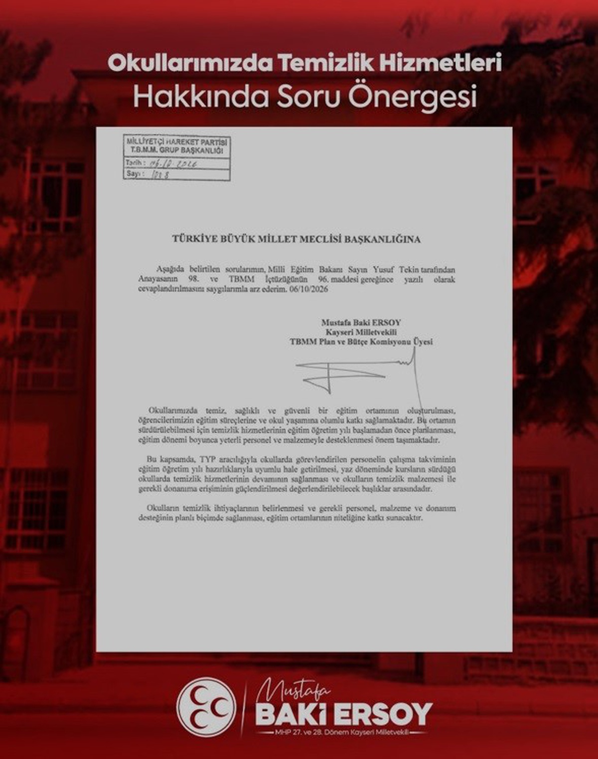 MHP\'li Baki Ersoy, okul temizliğini TBMM\'ye soru önergesiyle taşıdı