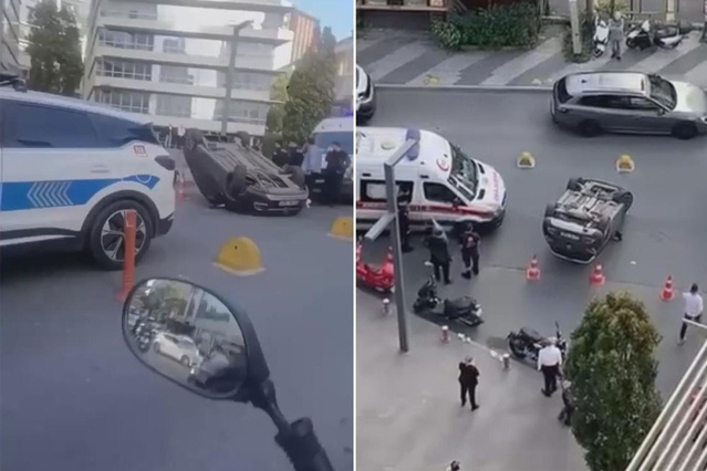 Sarıyer Maslak'ta otomobil dubalara çarparak takla attı, sürücü ayakta tedavi edildi
