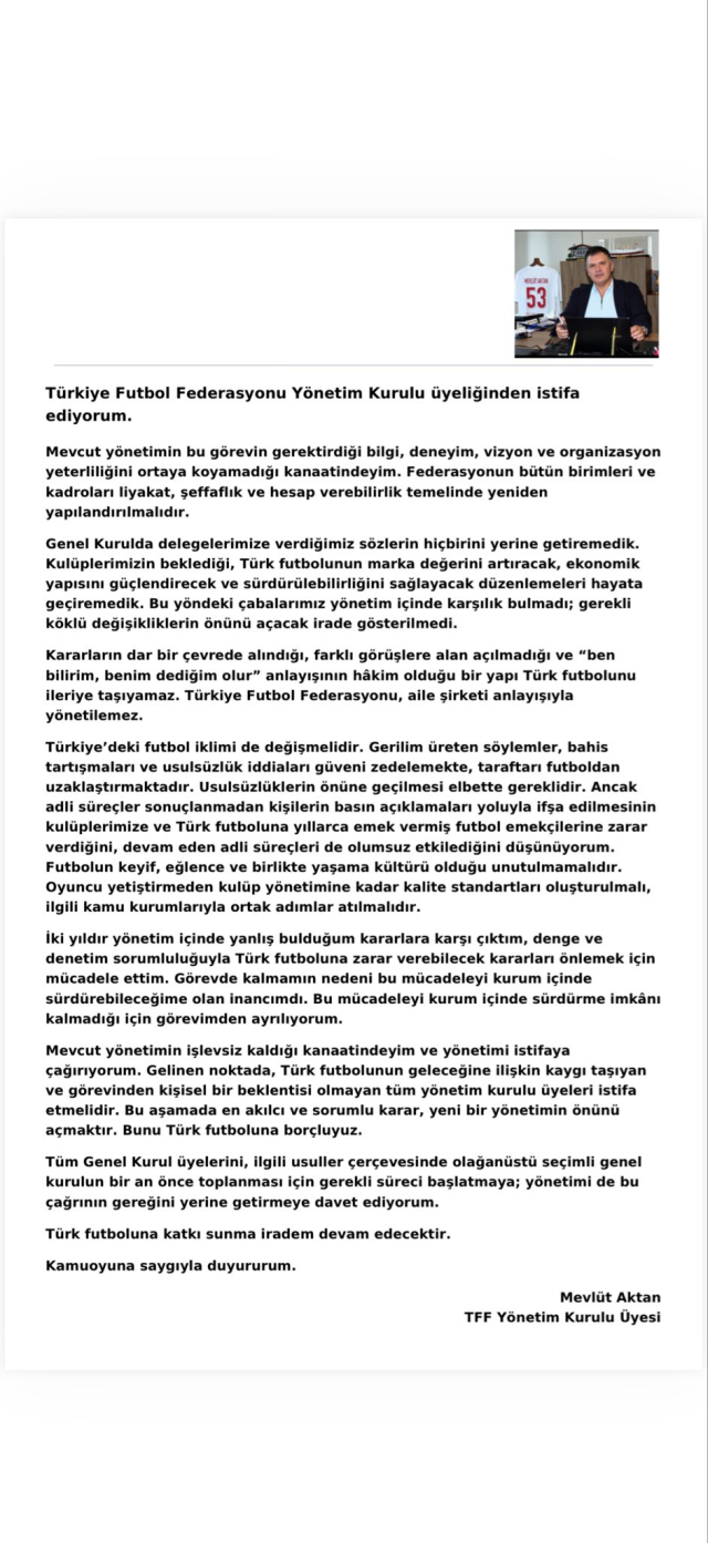 TFF'de kazan kaynıyor! Mevlüt Aktan istifa edip yönetime rest çekti