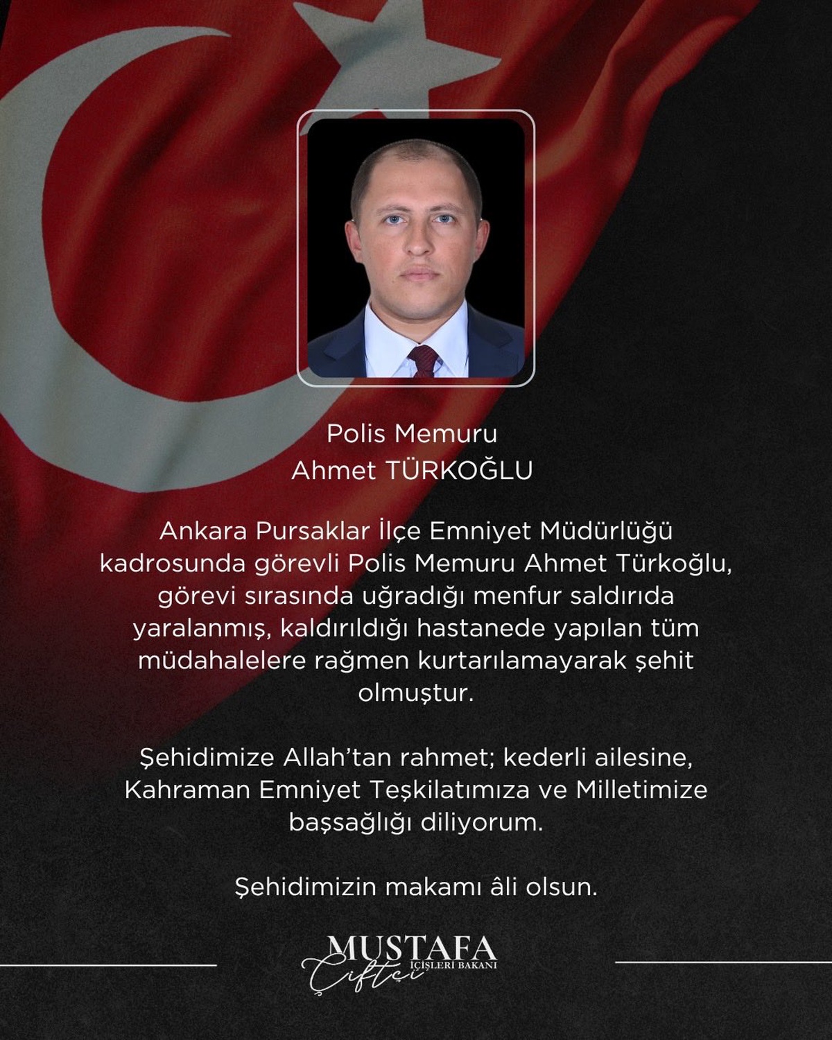 Bakan Çiftçi\'den, şehit polis memuru için taziye mesajı