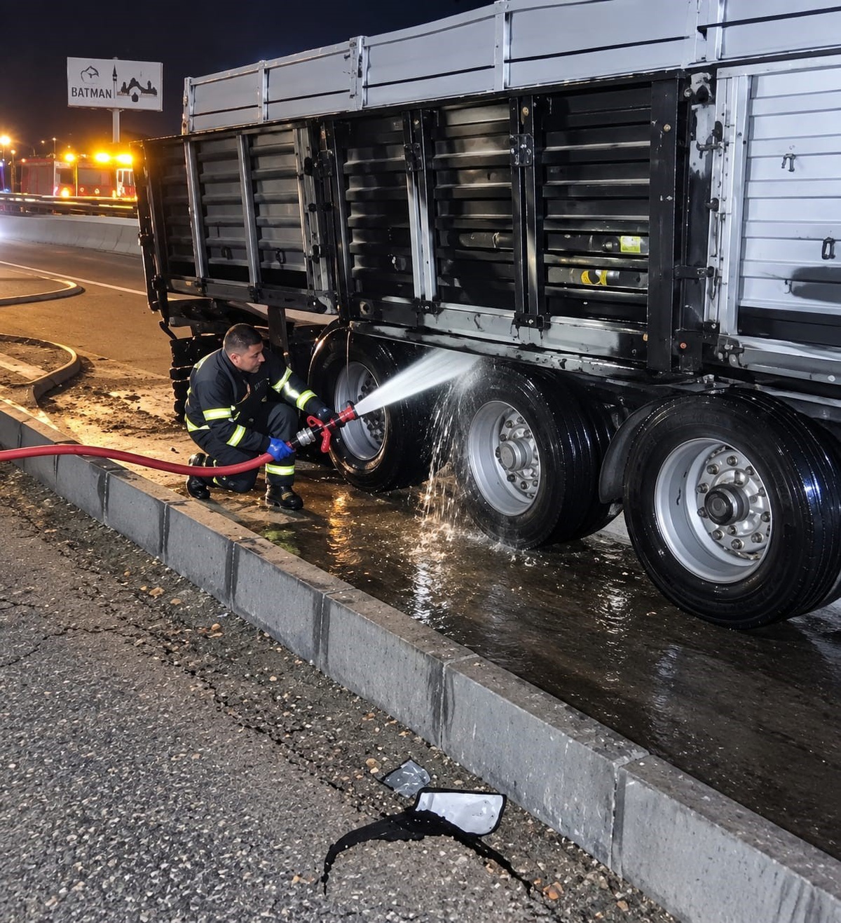 Batman girişinde lastiği patlayan tırda yangın itfaiye ekiplerince söndürüldü