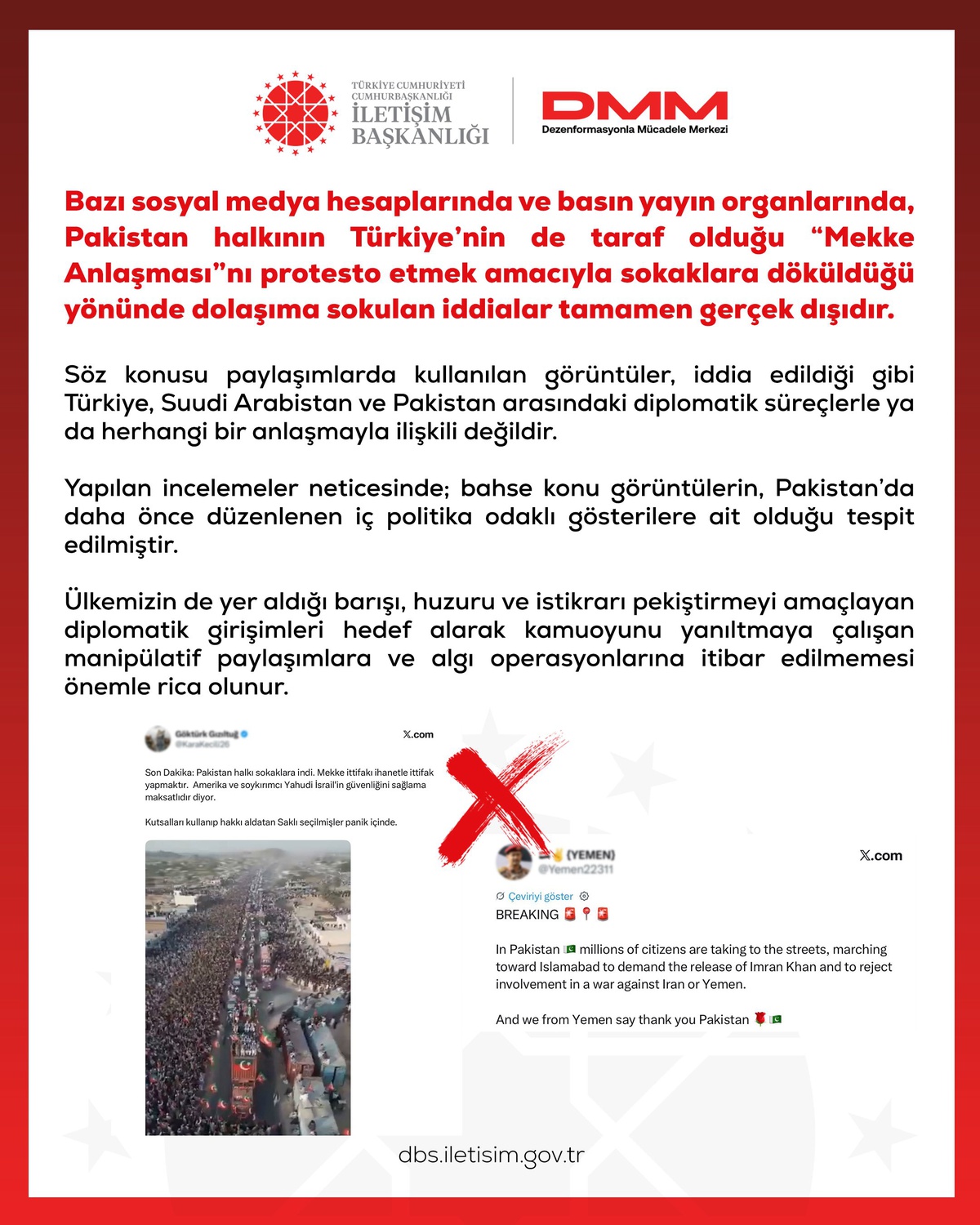 DMM, Pakistan\'da Mekke Anlaşması protesto iddialarının gerçek dışı olduğunu açıkladı