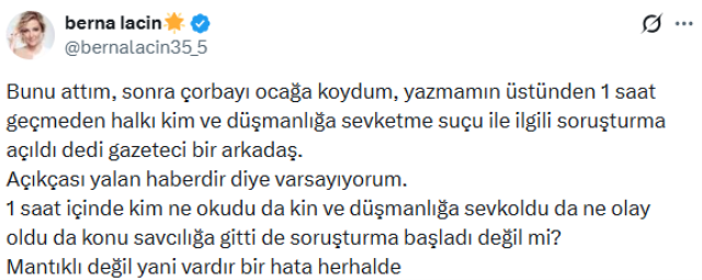 Hakkında soruşturma açılan Berna Laçin'den ilk tepki: 1 saat bile geçmedi