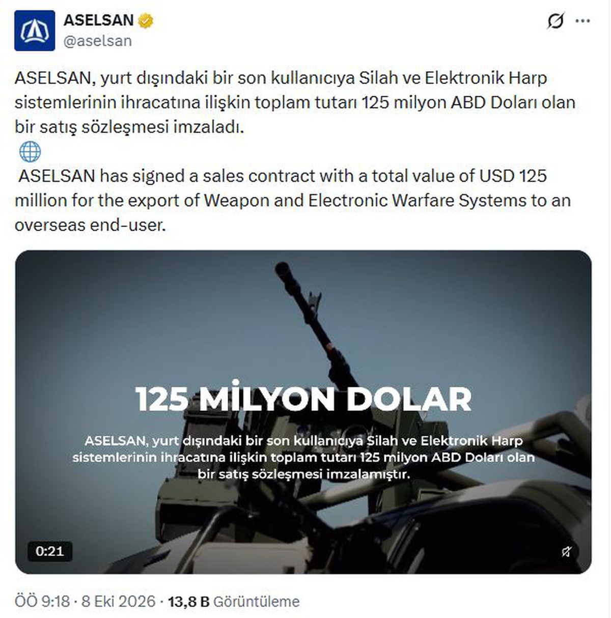 ASELSAN yurt dışındaki son kullanıcıya 125 milyon dolarlık ihracat anlaşması imzaladı