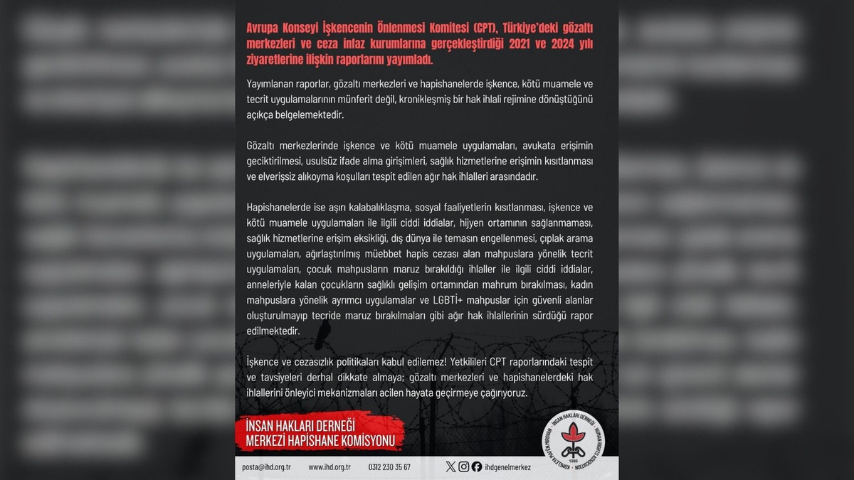 İHD Merkezi Hapishane Komisyonu, CPT\'nin işkence tespitleri için yetkililere çağrı yaptı
