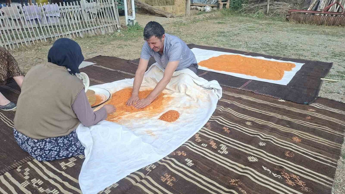 Kütahya Hisarcık\'ta Hüseyin Atağan, eşine tarhana ovmada destek oldu