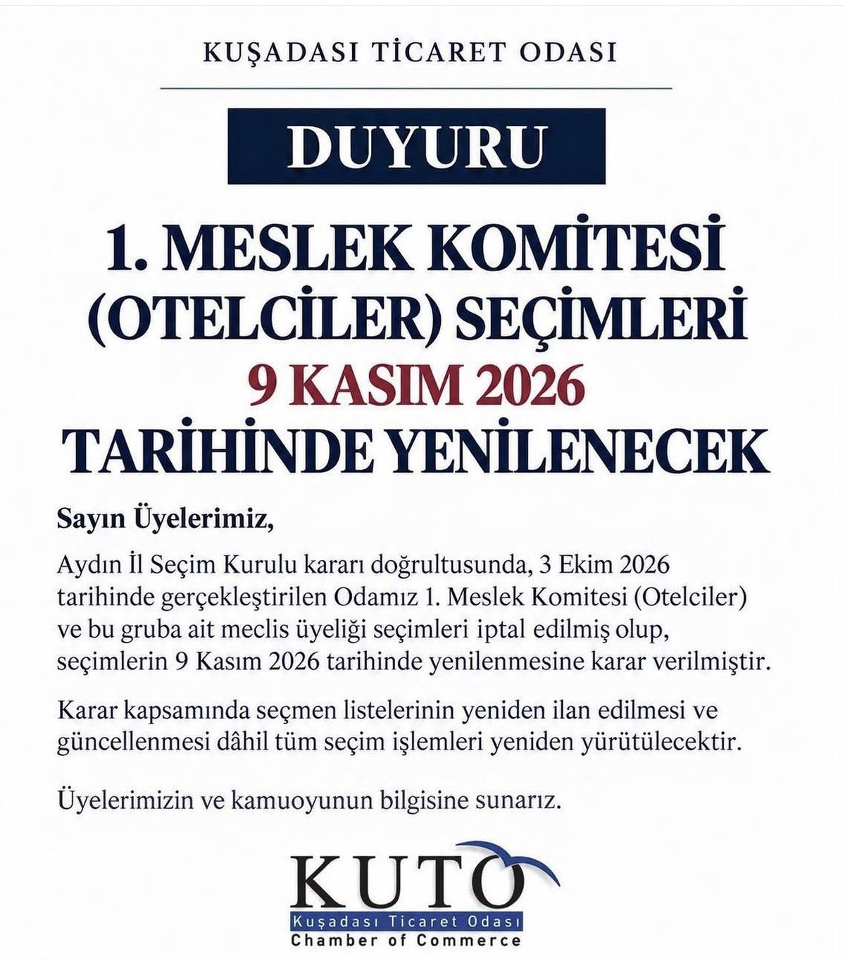 KUTO Otelciler seçimleri Aydın İl Seçim Kurulu kararıyla 9 Kasım\'da yenilenecek