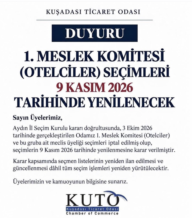 KUTO Otelciler seçimleri Aydın İl Seçim Kurulu kararıyla 9 Kasım'da yenilenecek