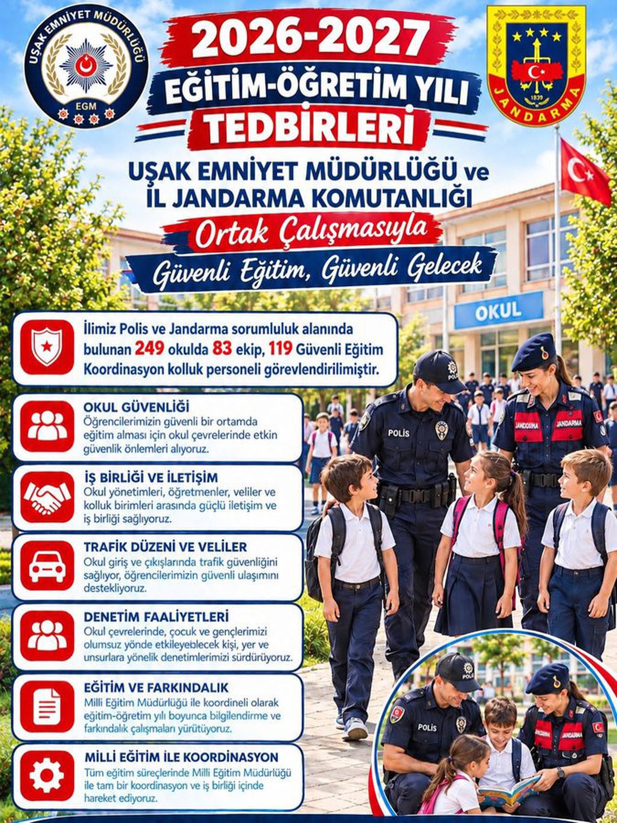 Uşak\'ta 249 okul çevresinde 83 ekip ve 119 kolluk personeli denetim yaptı