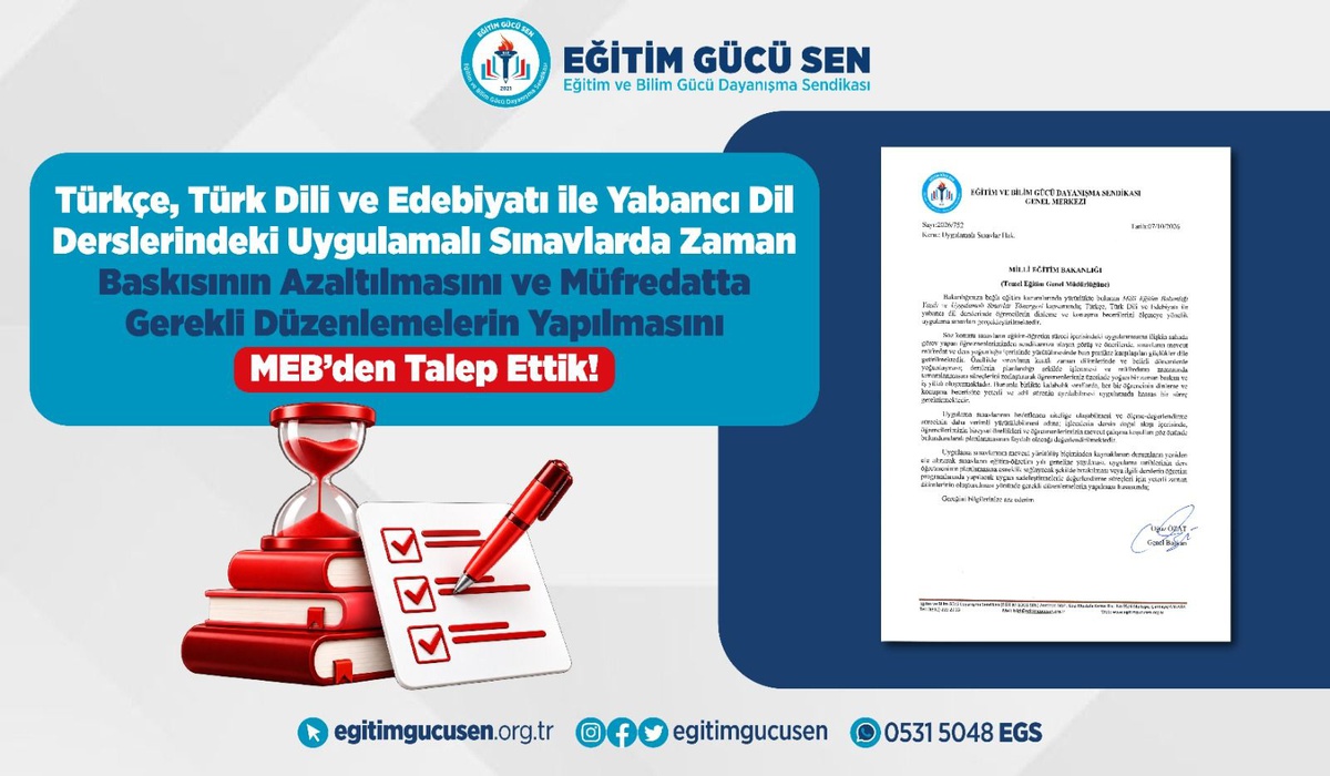 Eğitim Gücü Sen, uygulamalı sınavlarda zaman baskısının azaltılmasını MEB\'den istedi