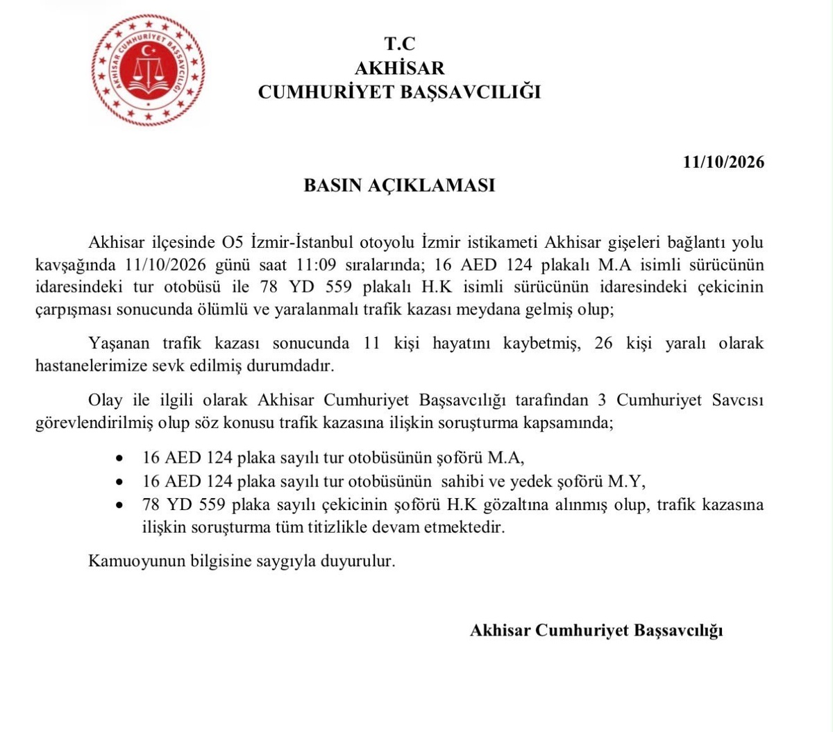 Manisa Akhisar\'da 11 kişinin öldüğü tur otobüsü kazasında 3 şüpheli gözaltına alındı