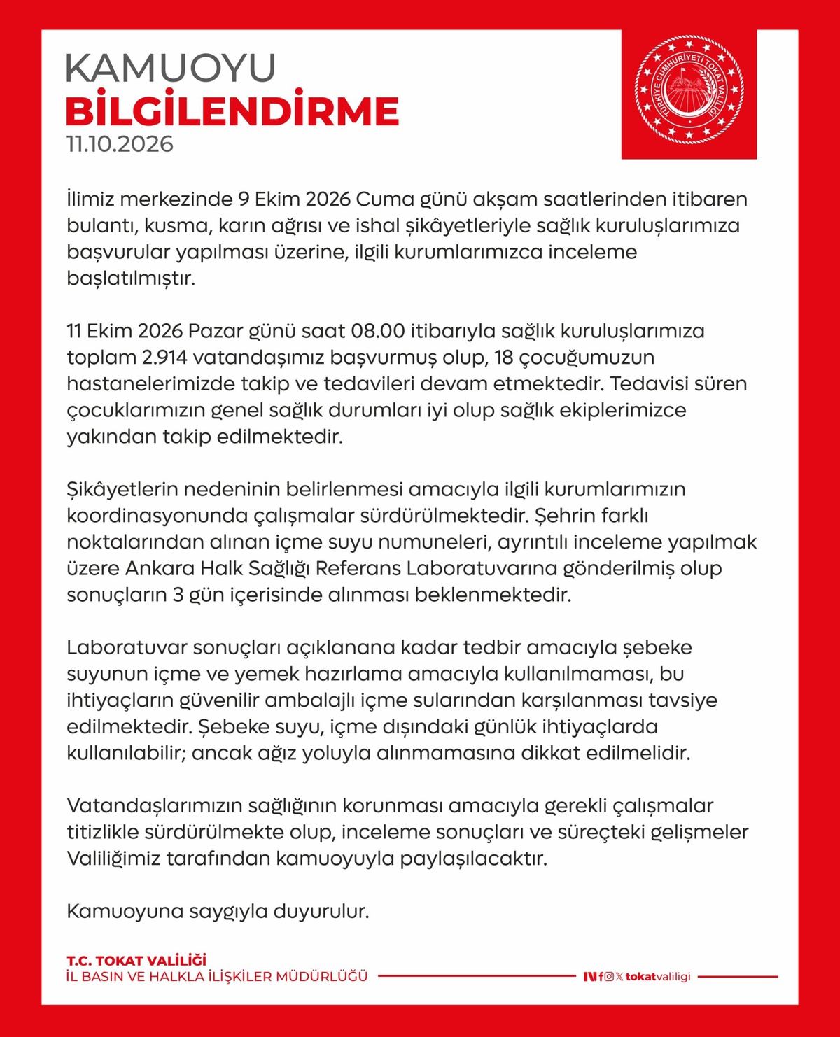 Tokat\'ta bulantı ve ishal şikayetiyle 2 bin 914 kişi sağlık kuruluşlarına başvurdu