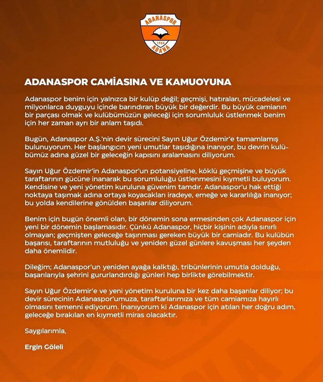 İlk 5 maçını kaybeden Adanaspor, Başkan Göleli tarafından Uğur Özdemir'e devredildi