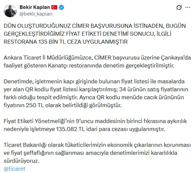 Dört cacık için 1000 lira alan restoran, 135 kat ceza yedi