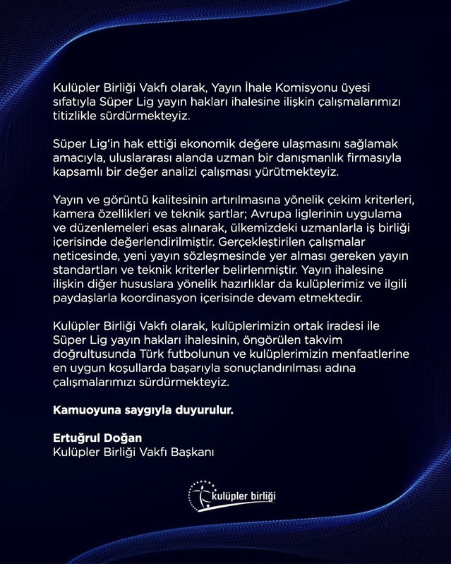 Kulüpler Birliği, 13 Ocak 2027'deki Süper Lig yayın ihalesine değer analizi yapıyor