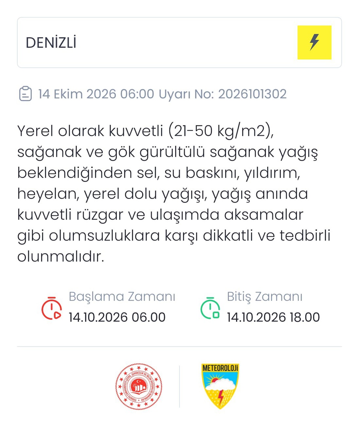 Denizli\'de kuvvetli yağış 14 Ekim 06.00-18.00 arası bekleniyor, Meteoroloji uyardı