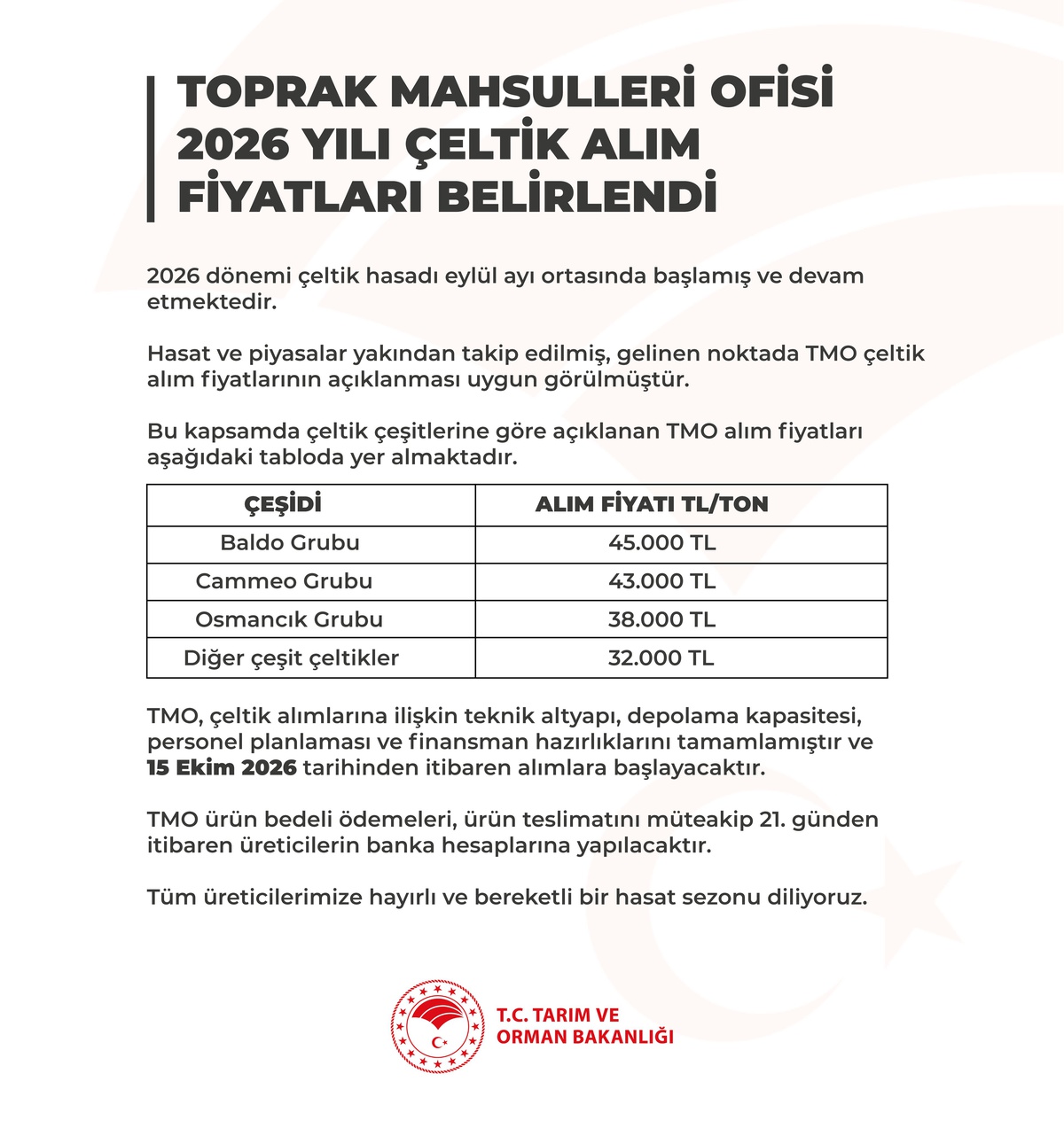 Tarım ve Orman Bakanlığı 2026 çeltik alım fiyatlarını duyurdu, baldo tonu 45 bin TL