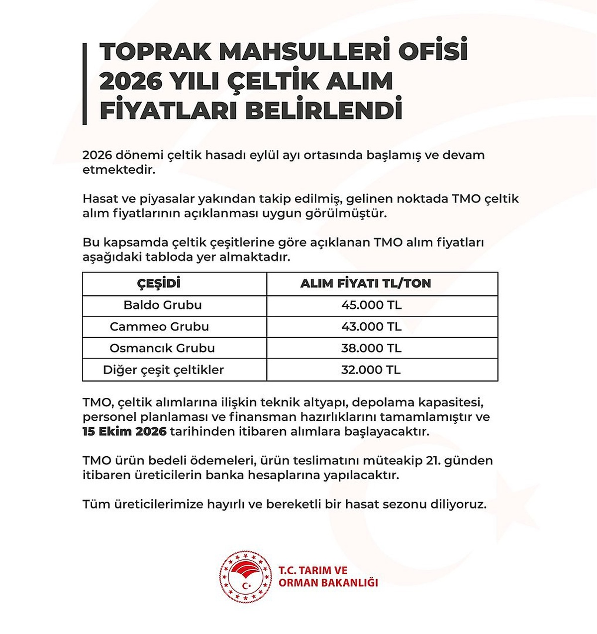 TMO çeltik alım fiyatlarını belirledi, baldo tonu 45 bin lira oldu