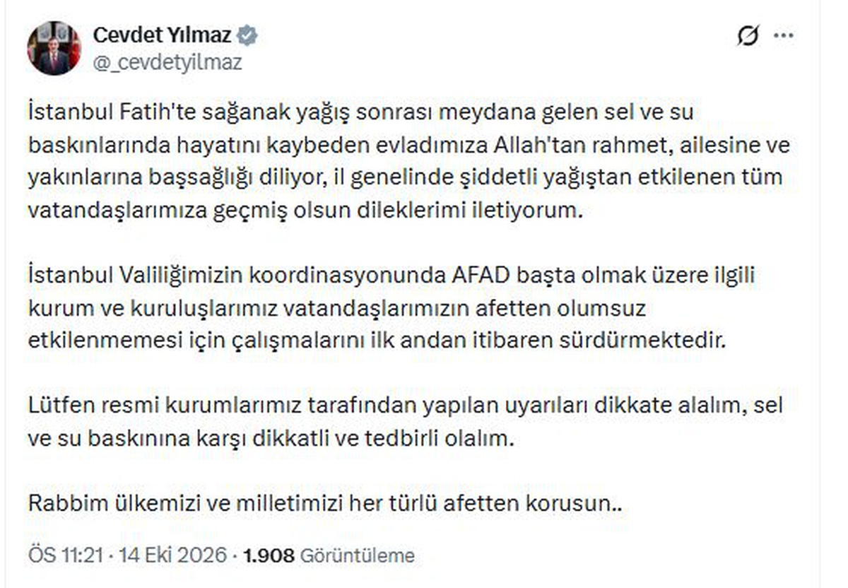 Cevdet Yılmaz, Fatih selinde hayatını kaybeden kişi için başsağlığı diledi
