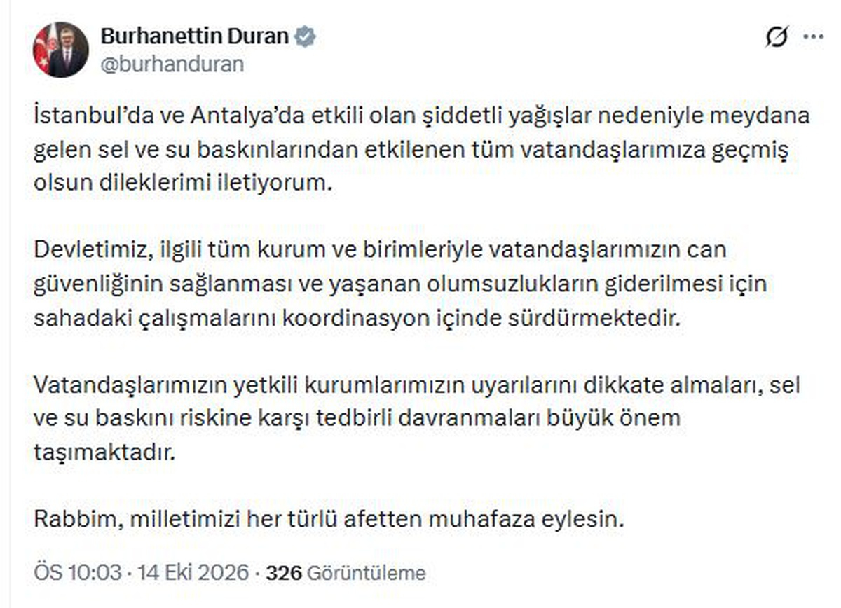 İletişim Başkanı Duran\'dan İstanbul ve Antalya\'ya geçmiş olsun mesajı geldi