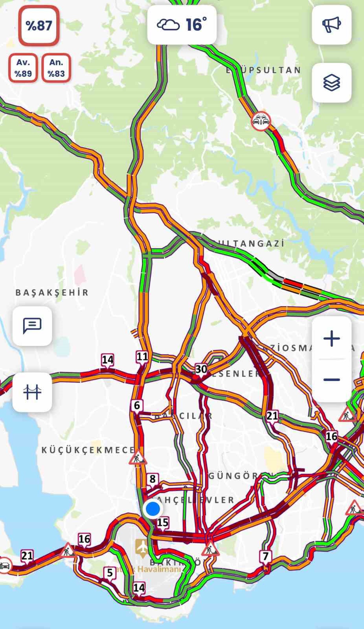 İstanbul\'da yağış nedeniyle trafik yoğunluğu saat 17.00\'de yüzde 87\'ye ulaştı