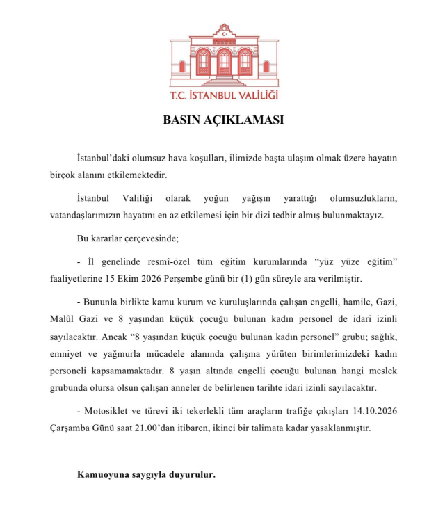 İstanbul'da olumsuz hava koşulları nedeniyle okullar 1 gün tatil edildi