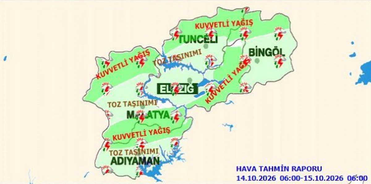 Meteoroloji 13. Bölge, Elazığ\'ın doğu ve güneyinde kuvvetli yağış ve toz taşınımı uyardı