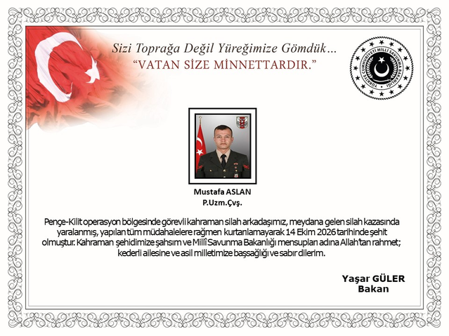 Pençe-Kilit'te silah kazası: Piyade Uzman Çavuş Mustafa Aslan şehit oldu